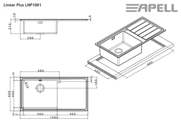 Ανοξείδωτος νεροχύτης ένθετος Linear Plus Apell 100x50 Inox Λείο Right