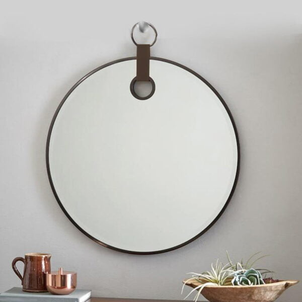 Bathroom wall mirror round Φ60/Φ70/Φ80 with black border and leather strap