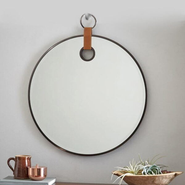 Καθρέπτης μπάνιου τοίχου στρογγυλός Φ60/Φ70/Φ80 με μαύρο περίγραμμα και δερμάτινο λουράκι