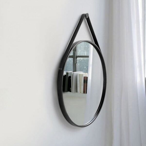 Καθρέπτης τοίχου στρογγυλός Φ60 με μαύρη λάμα χάλυβα και δερμάτινο λουράκι