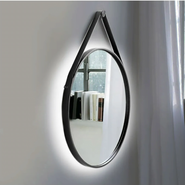 Καθρέπτης τοίχου στρογγυλός Φ60 με μαύρη λάμα χάλυβα και δερμάτινο λουράκι