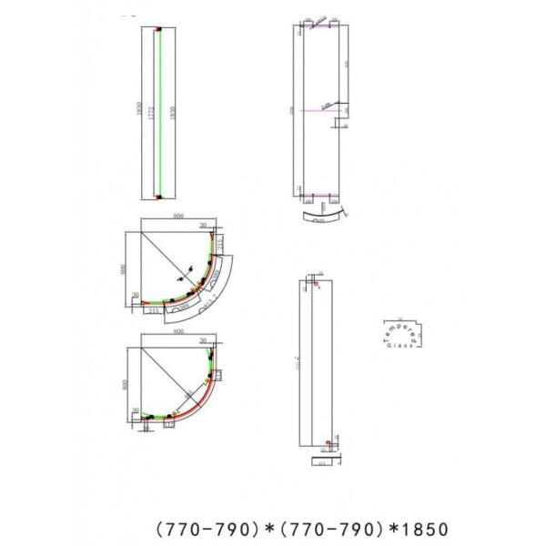 Καμπίνα ντουσιέρας 80x80x185cm 1/4 κύκλου με 2 σταθερά & 2 συρόμενα φύλλα με μαγνητικό κλείσιμο