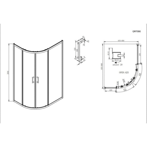 Καμπίνα ντουσιέρας 90x90x185cm 1/4 κύκλου με 2 σταθερά & 2 συρόμενα φύλλα με μαγνητικό κλείσιμο