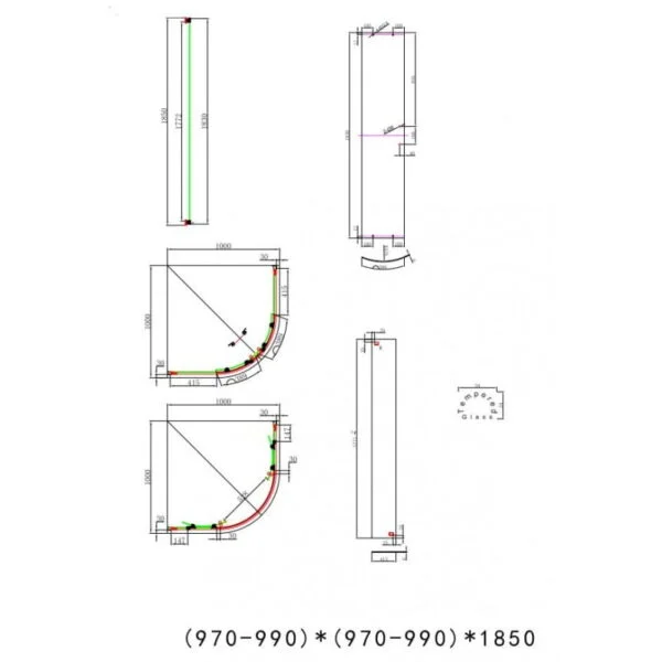 Καμπίνα ντουσιέρας 90x90x185cm 1/4 κύκλου με 2 σταθερά & 2 συρόμενα φύλλα με μαγνητικό κλείσιμο