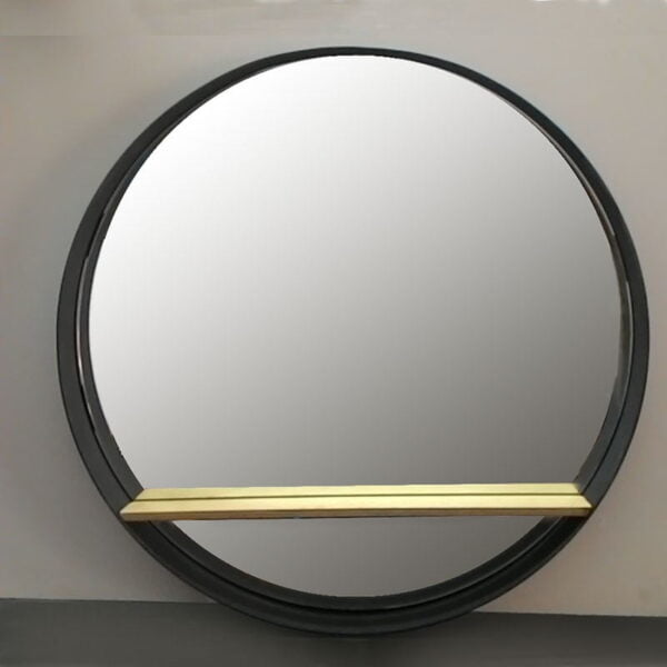 Round bathroom mirror with steel blade and wooden shelf