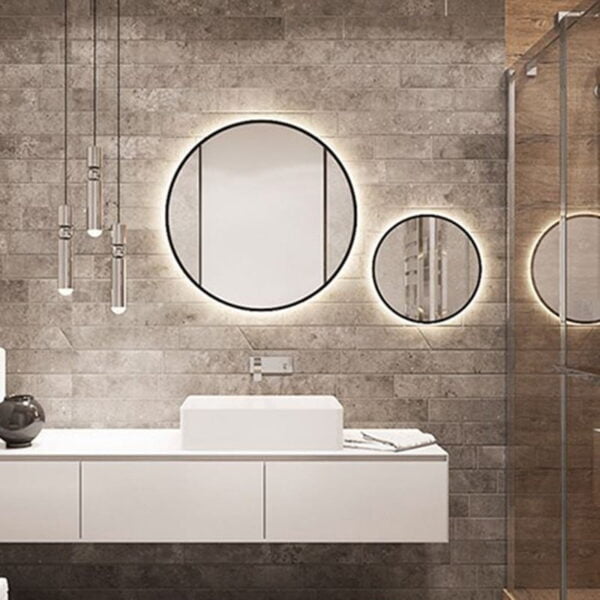 Round bathroom mirrors set Φ80 and Φ40 illuminated by led with black border