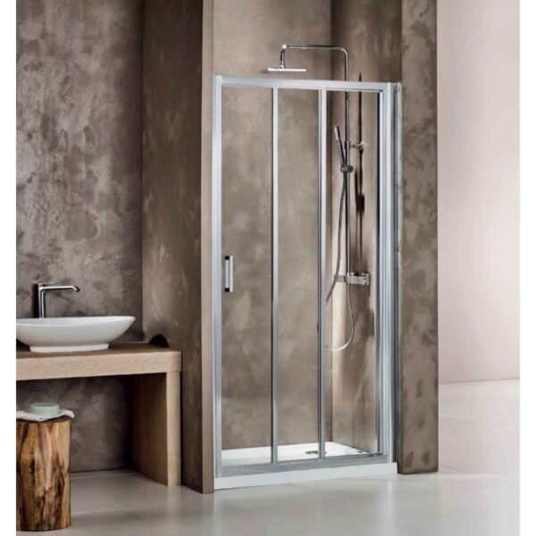 Shower door 90x185cm with 1 fixed & 2 sliding leaves (reversible) with magnetic closure.