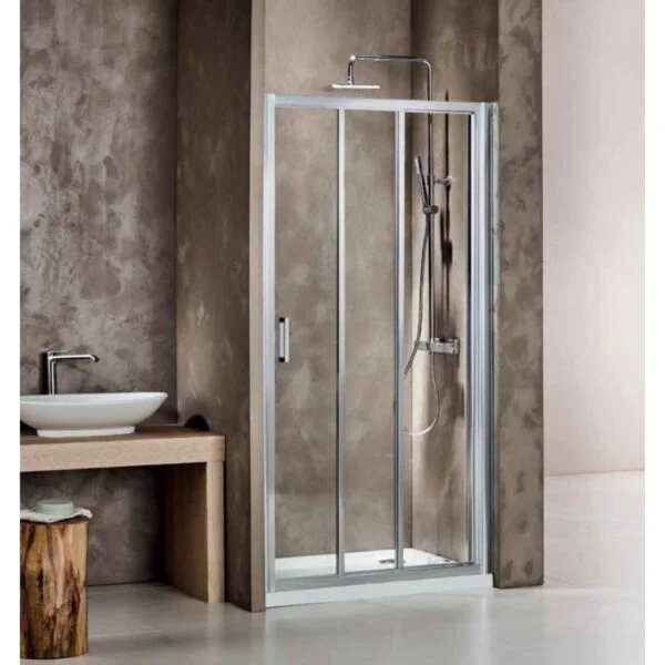 Shower door 90x185cm with 1 fixed & 2 sliding leaves (reversible) with magnetic closure.