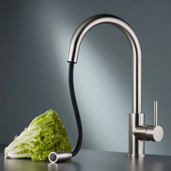 Inox Μπαταρία κουζίνας , με υψηλό περιστρεφόμενο ρουξούνι, συρόμενο ντους