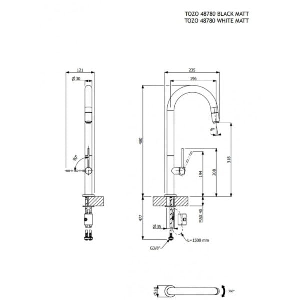 White Kitchen faucet with swivel spout and pull-out single-flow shower Tozo White Matt