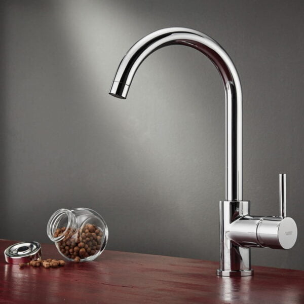 Chrome kitchen faucet with rotating spout