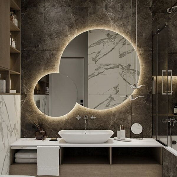 Composition of circular bathroom mirrors illuminated with LEDs Φ90 and Φ50