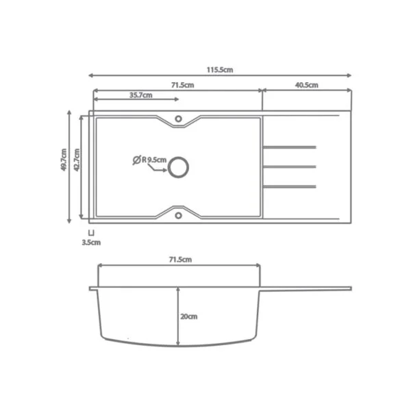 Νεροχύτης Γρανιτένιος 116x50cm Ultra Granite τεχνικό σχέδιο