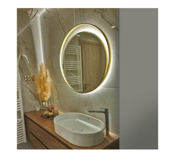 Bathroom wall mirror round Φ80 with double golden steel blade with LED